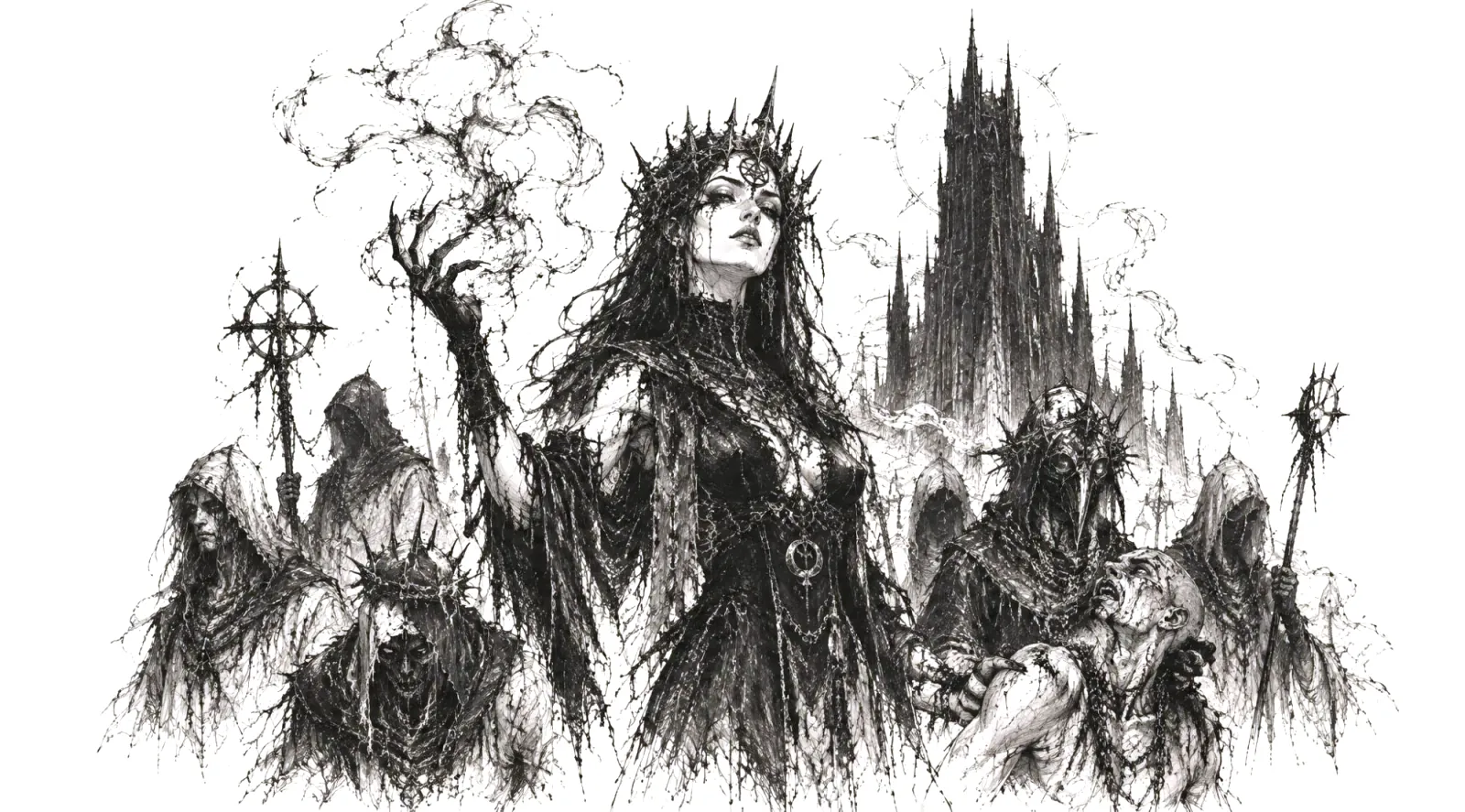 The Red Queen in a spiked crown raises a clawed hand. Her hooded cult stands around her, holding a captive, under a tall dark tower.