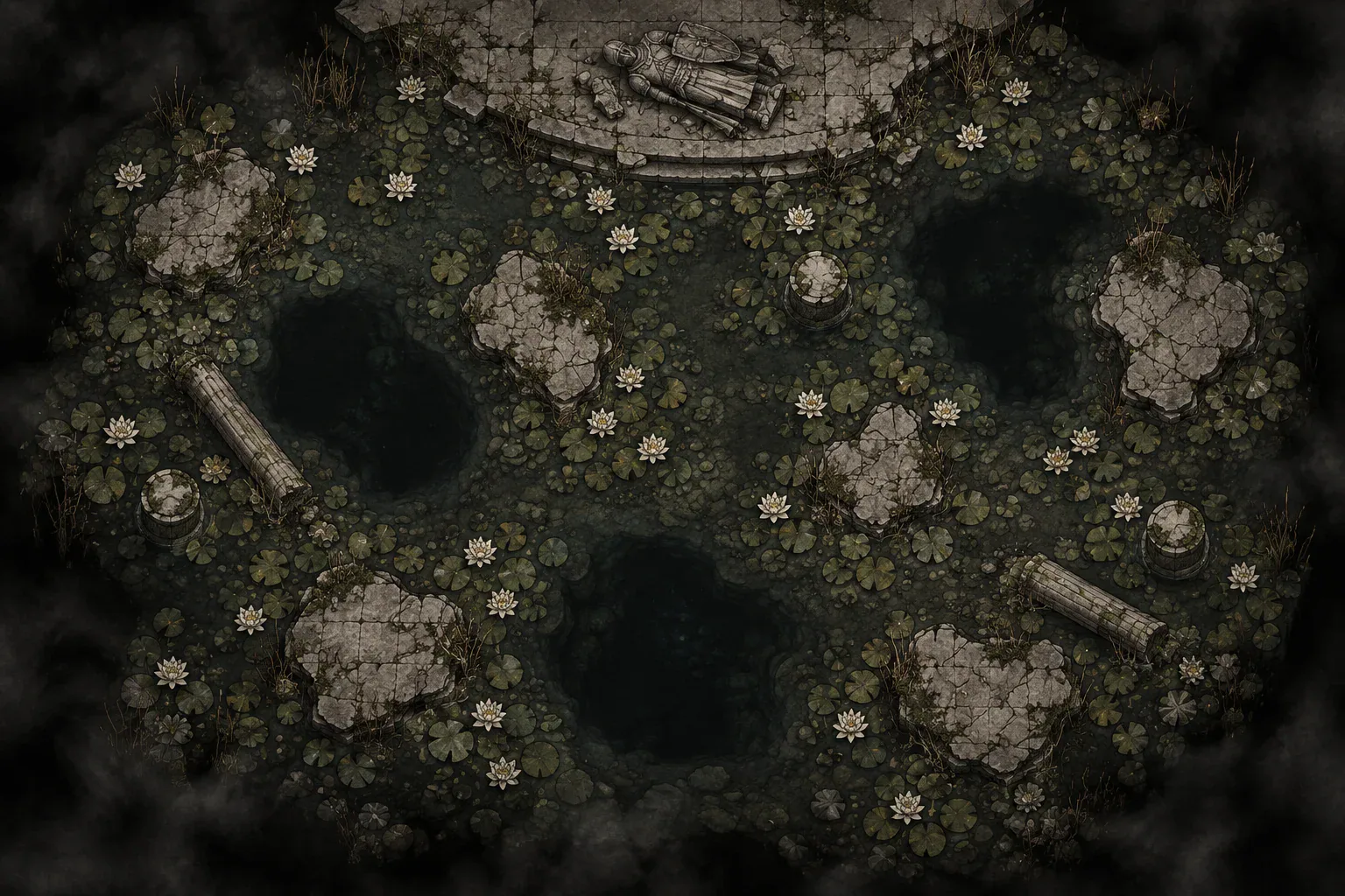 The Lily Mere's arena seen from above: black pools, beds of white lilies, pale stones and a fallen statue at the far edge.