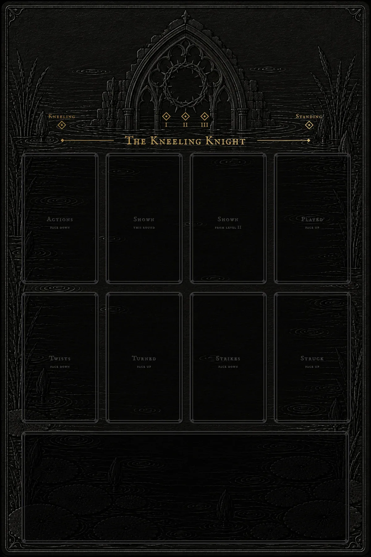 The Kneeling Knight's board: a drowned chapel's window pressed into black leather, the beast's name in gold, places for its decks and its parts.