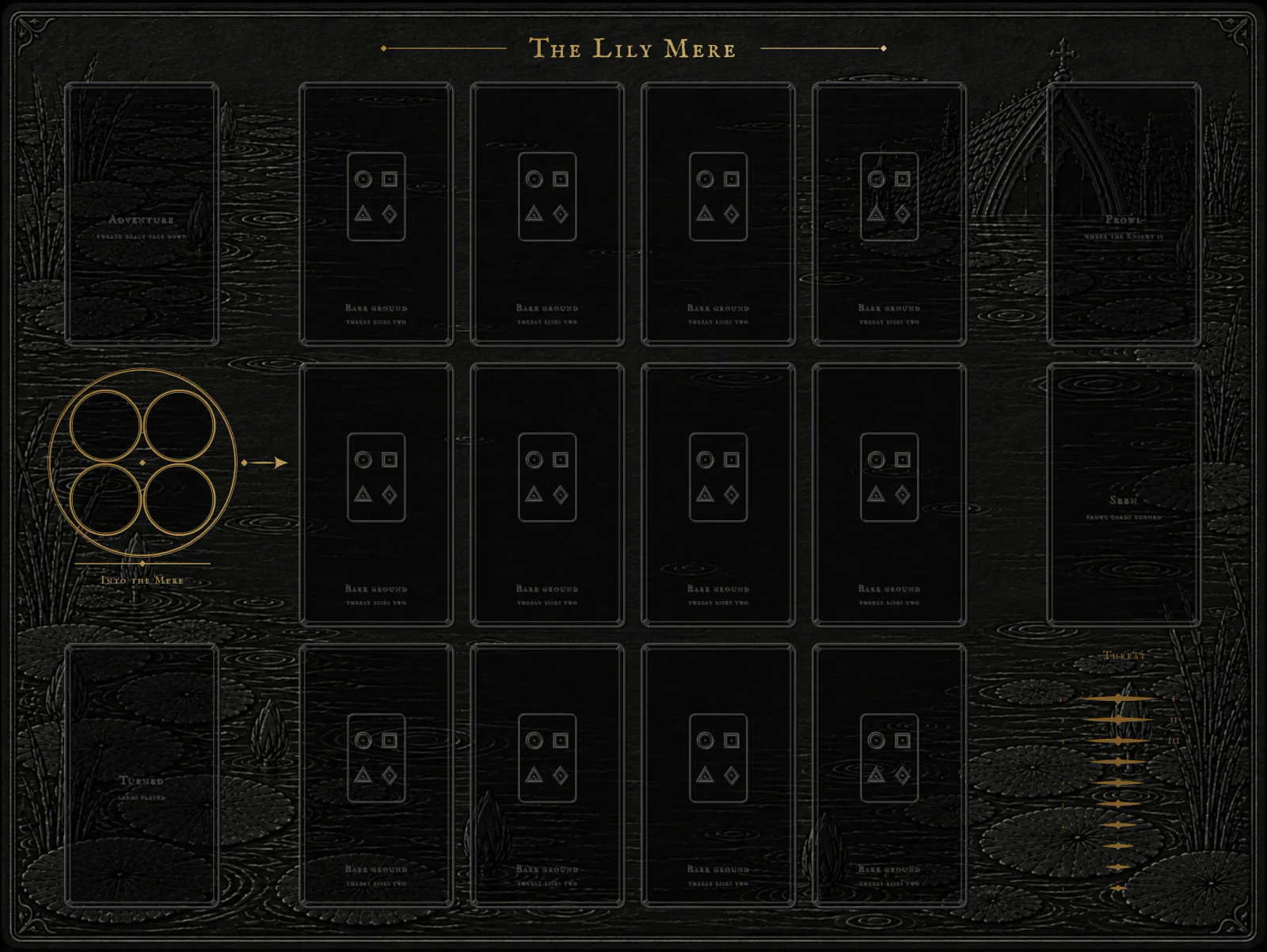 The Lily Mere's adventure board: black leather pressed with lilies and reeds, the place's name in gold, slots for twelve road cards in three rows, the deck and the prowl cards beside them.