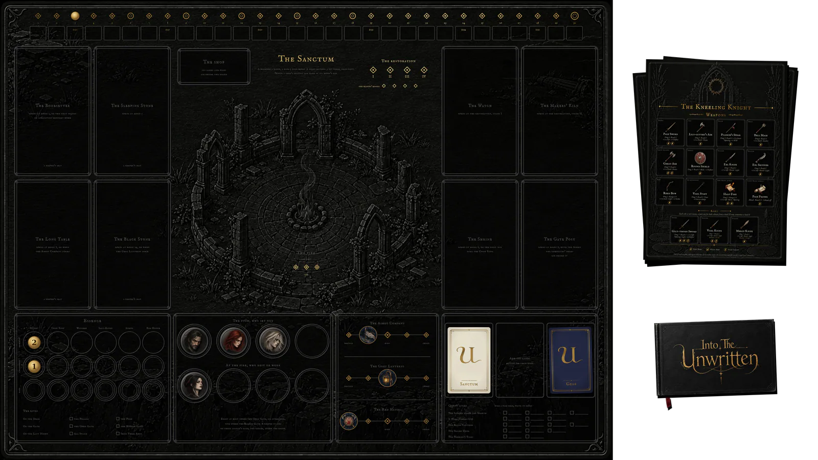 The sanctum board after a hunt: the moon marker on the third moon, essence counted on the Kneeling Knight's rings, three of the four home and one at the fire, the companies on their standing tracks, the sanctum deck and a gear card in their wells, and beside the board the Knight's three shop cards and the closed Sanctum Book.