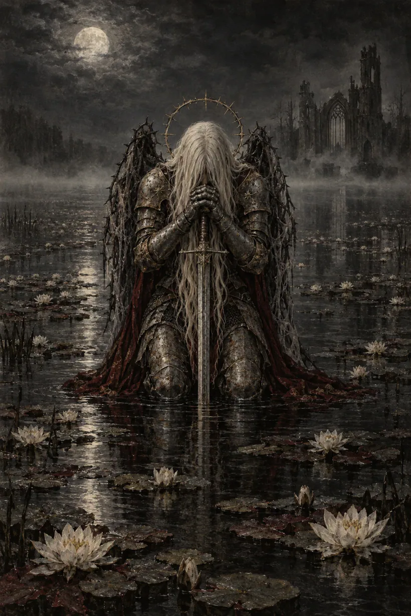 The Kneeling Knight kneels in the black water of the Lily Mere in prayer, head bowed over the planted sword, the halo of gilded thorns behind it and the drowned chapel far off.