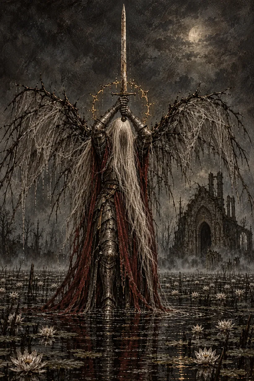 The Kneeling Knight stands at its full height in the black water, the thorn wings spread wide and the long sword raised in both hands, water pouring off its plate.