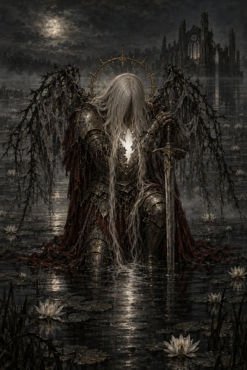 The Kneeling Knight sinks to its last kneel, leaning on the sword, the breastplate broken open and a cold white light shining out where the heart is.