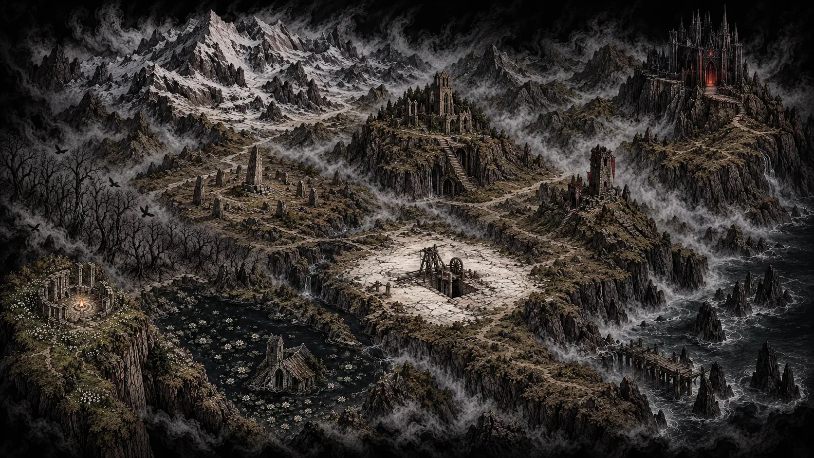 The land map: mountains and mist, a wood of dead trees, standing stones, a white salt flat, an abbey on a hill, a red tower, and far off a black fortress.
