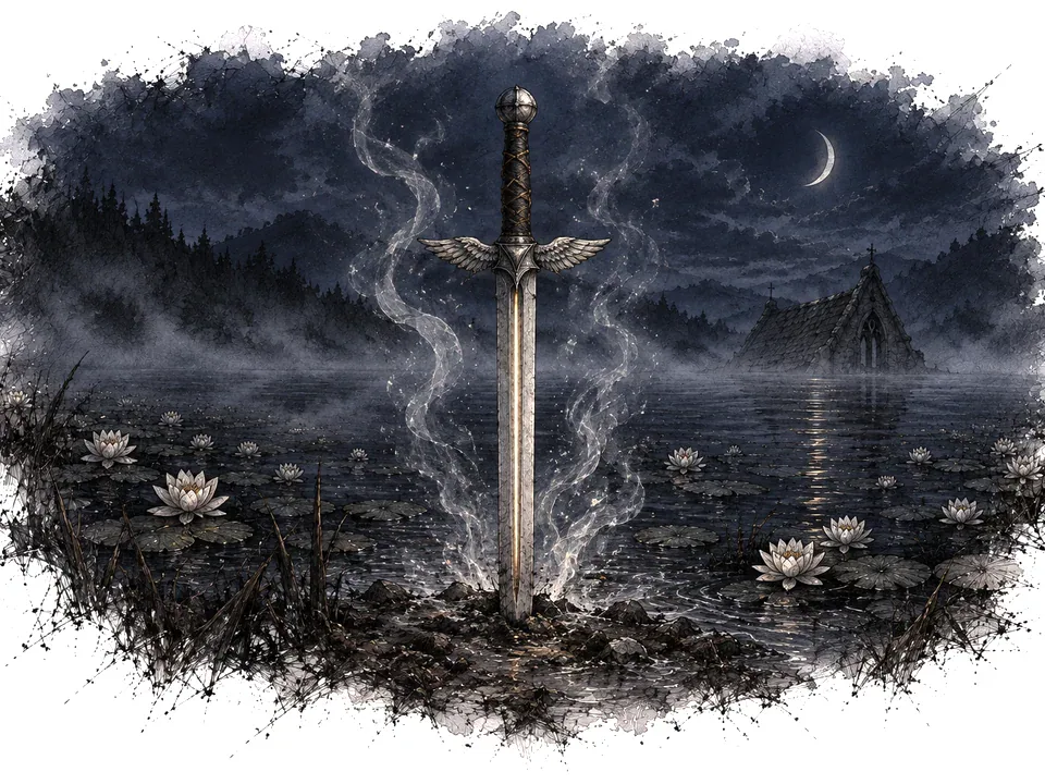A long blade standing point down in the water among the lilies, mist rising round it.