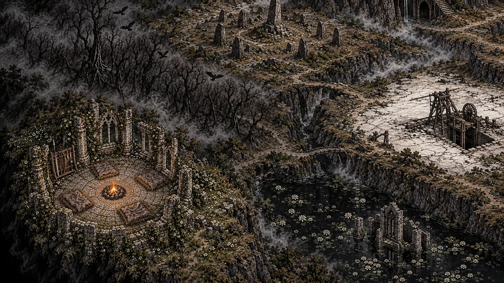 The sanctum on the first night: a ring of broken stones on a cliff, four bedrolls around the fire and a rack of weapons by the wall.