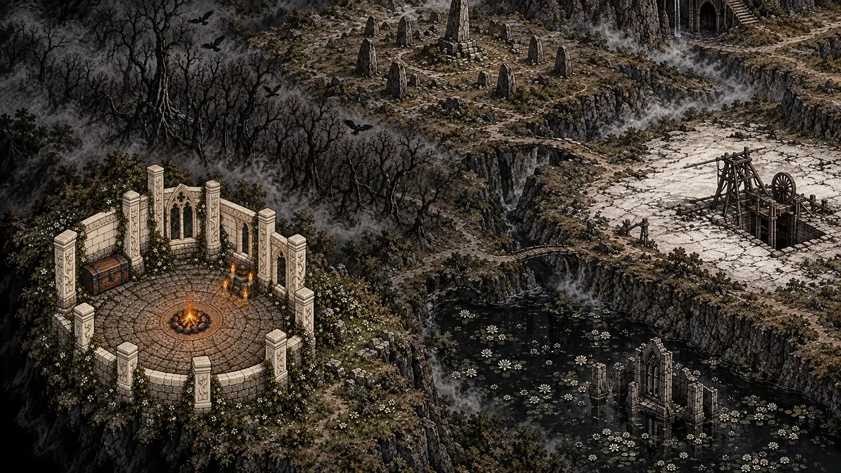 The sanctum restored, second stage: the walls rebuilt in pale stone, the pillars carved.