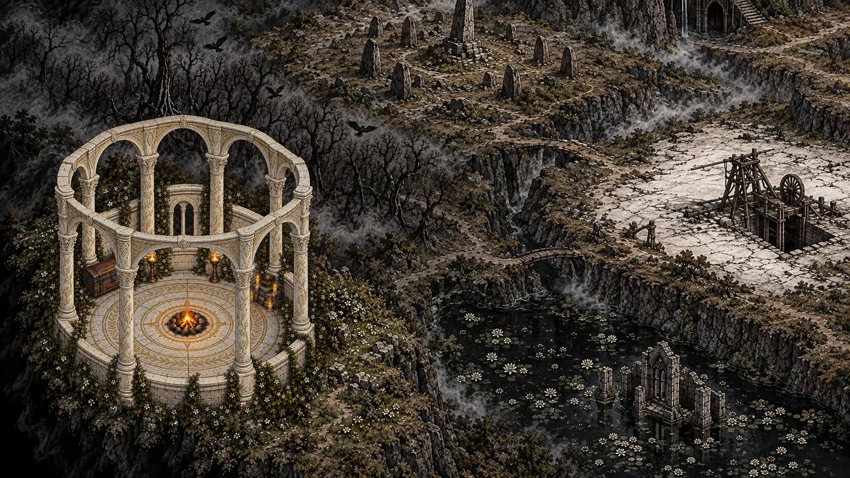 The sanctum in its former glory: a ring of white arches round a carved floor and the fire.