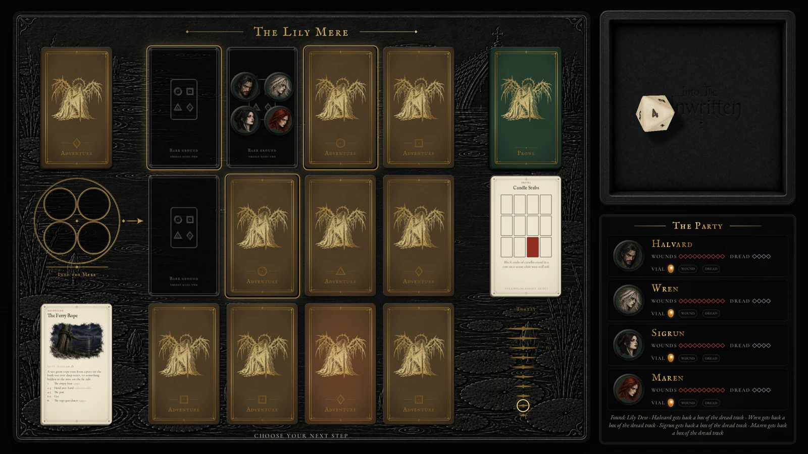The game's road: the Lily Mere's adventure board with its cards in three rows, the four wayfarers on their round bases on a turned card, the dice tray and the party beside it.