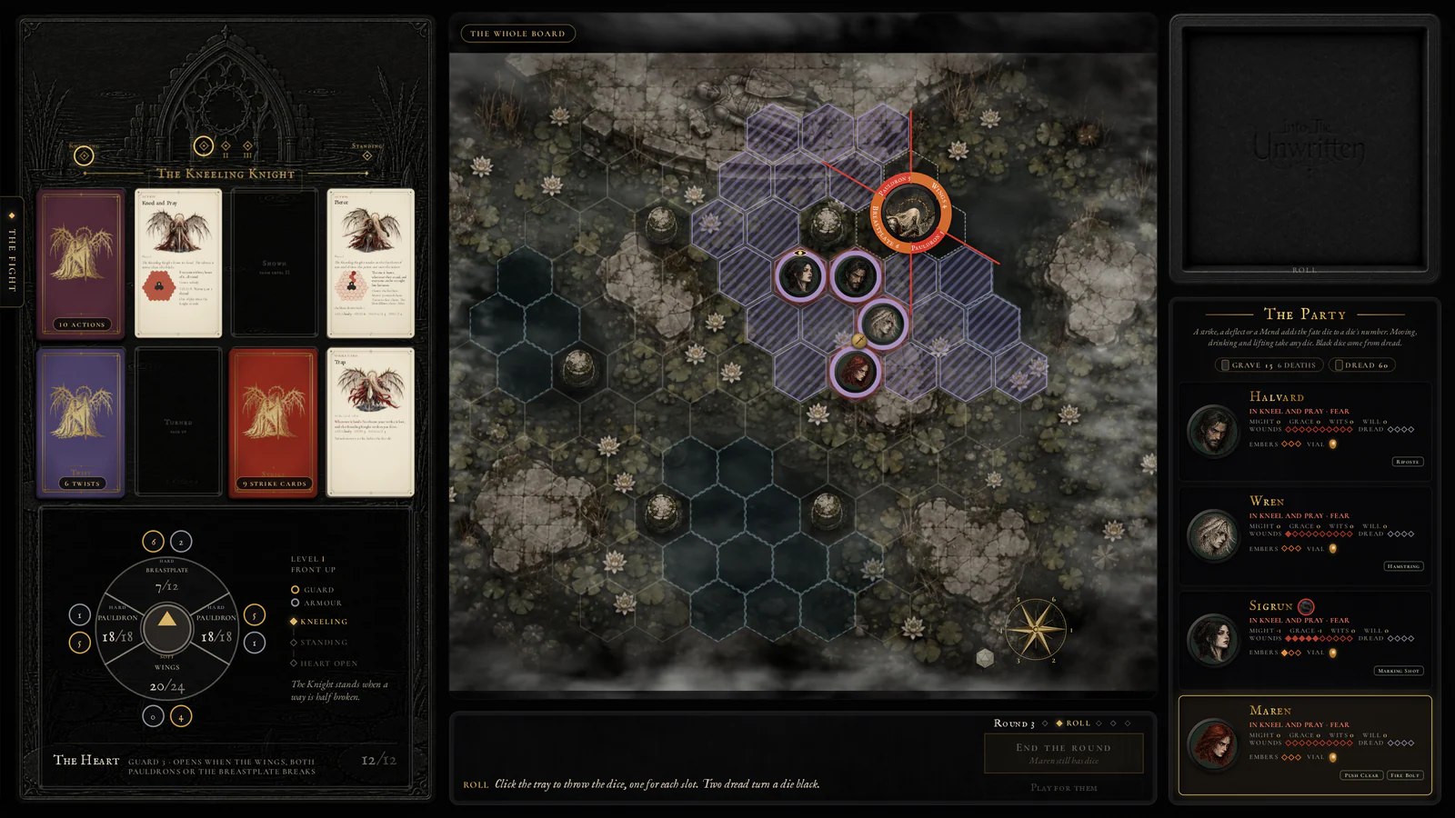 The game's showdown: the Kneeling Knight's board with its action cards and its ring of parts on the left; in the middle the mere as a board of hexes, the Kneeling Knight on its round base inside a red guard ring cut into its parts, the four on round bases beside it and the hexes its blow will reach lit; the dice tray and the party on the right.